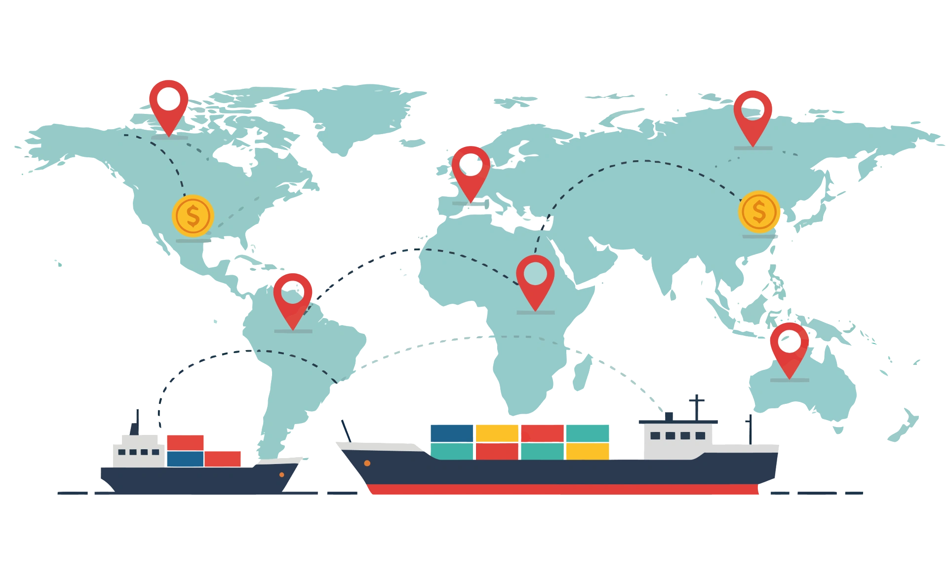 Carte mondiale avec routes maritimes et cargos